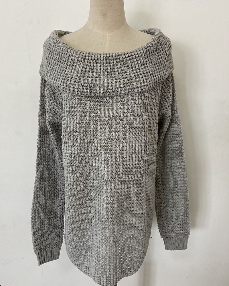 Women's one-line collar off-shoulder lapel sweater loose large version solid color sexy sweater_voghion.com