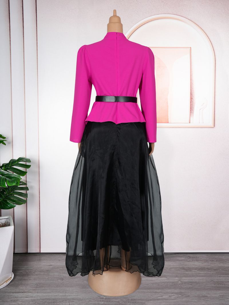 Zweiteiliges Kleid mit Strassverzierung – Langärmliges, figurbetontes Damenkleid mit hohem Kragen (L-3XL, einfarbig)_voghion.com