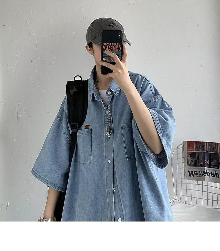 Letnia krótka koszula dżinsowa dla mężczyzn, stylowa, modny niszowy design, luźna, swobodna kurtka z krótkim rękawem_voghion.com