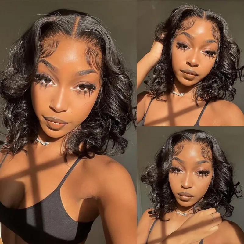 16 Inch Bob Wig Human Hair Body Wave HD Lace Frontal Wigs Pre Plucked for Women Natural Color_voghion.com