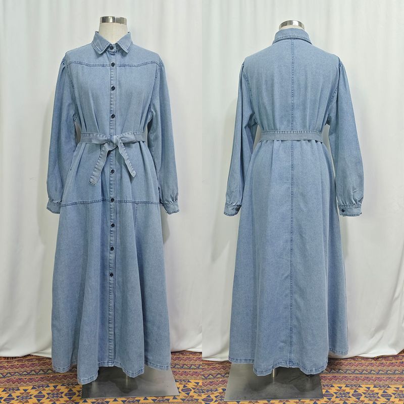 Modest Denim Maxi Dress With Lantern Sleeves – Loose Fit Muslim Skirt For Women (Light/Dark Blue, S-L)_voghion.com