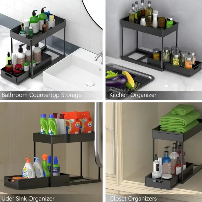 2 Tier Plastic Under Sink Organizer, Sliding Cabinet Basket For Bathroom And Kitchen - Black_voghion.com