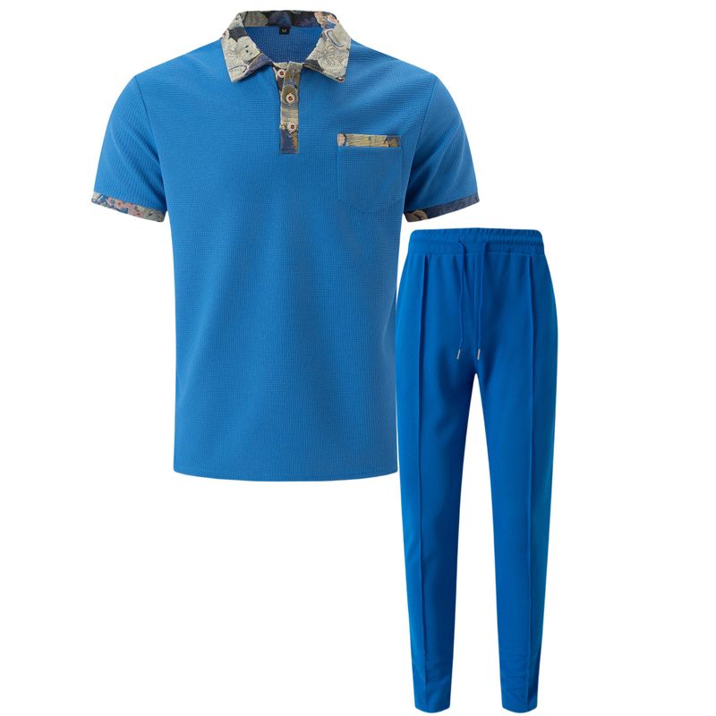Roupas masculinas com lapela waffle e bolsos combinando, calças de manga curta, terno casual_voghion.com