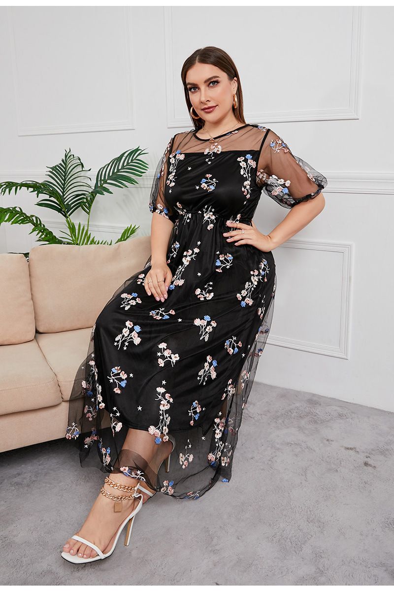 Sukienka damska plus size, wieczorowa, kobieca, haftowana siateczka, bankietowa, imprezowa, midi_voghion.com