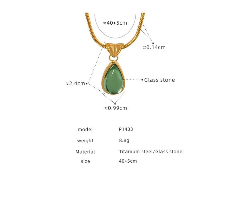 A Niche Water Droplet Shaped Green Blue Glass Stone Pendant Necklace, Collarbone Chain, Titanium Steel_voghion.com