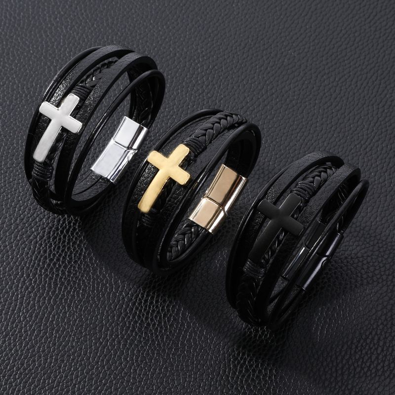 Leren Street Fashion Armband Legering Laser Meerlaags Geweven Kruisvormige Bangle_voghion.com