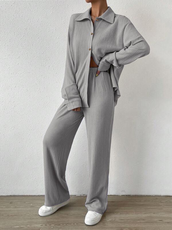 Ensemble 2 pièces pour femme, cardigan à revers et pantalon ample, couleur unie, décontracté et tendance, collection automne-hiver_voghion.com