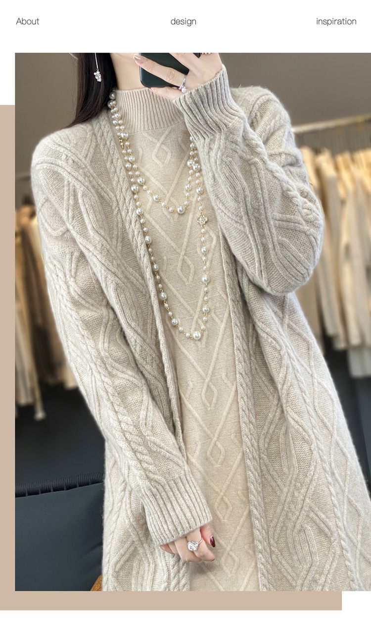 Cardigan lungo e largo in maglia di lana pesante e spessa, da donna, con scollo a V, autunno inverno_voghion.com