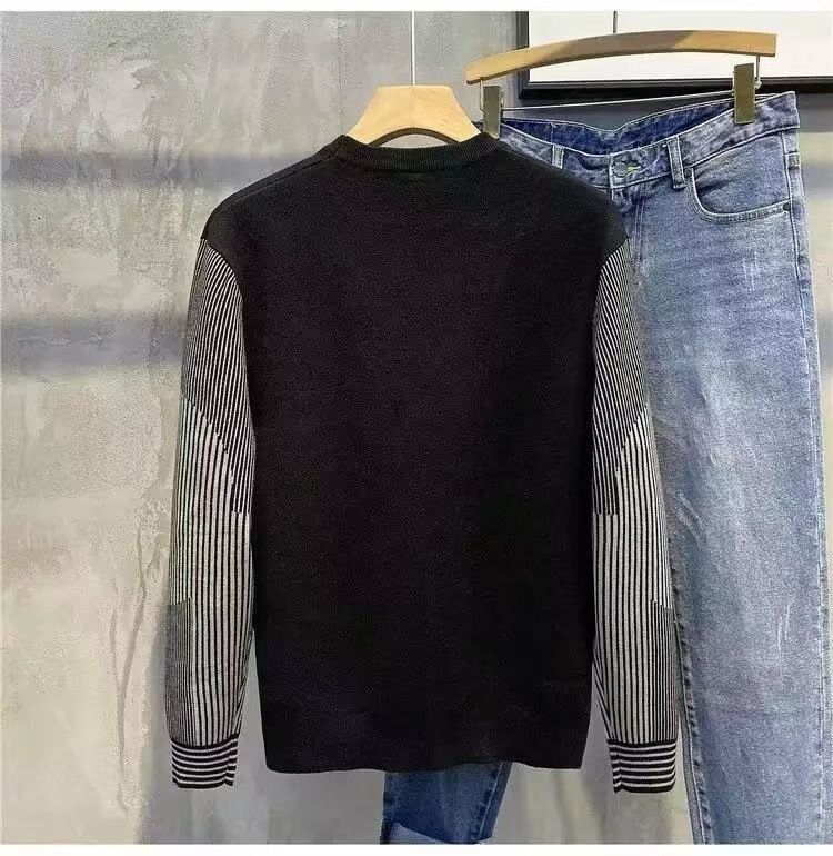 Suéter de punto a rayas para hombre, de moda, ajustado, con cuello redondo y diseño de bloques de color, informal y elegante para otoño e invierno._voghion.com