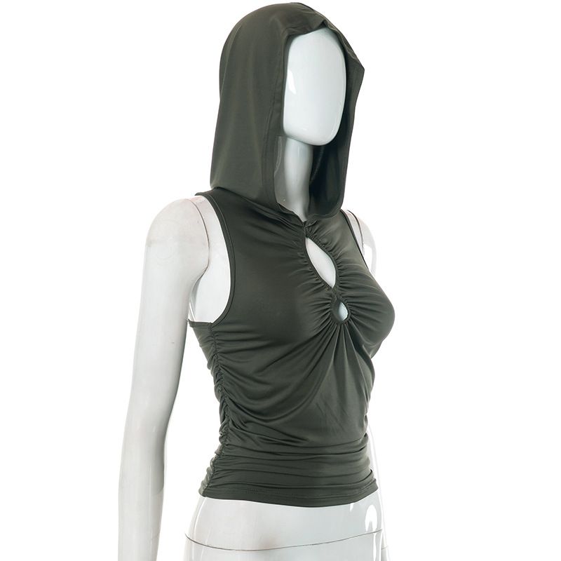C23TP085 American Fashion Spicy Girl Hollow Hooded Sleeveless Solid Color Short Top Women's Summer New Style_voghion.com