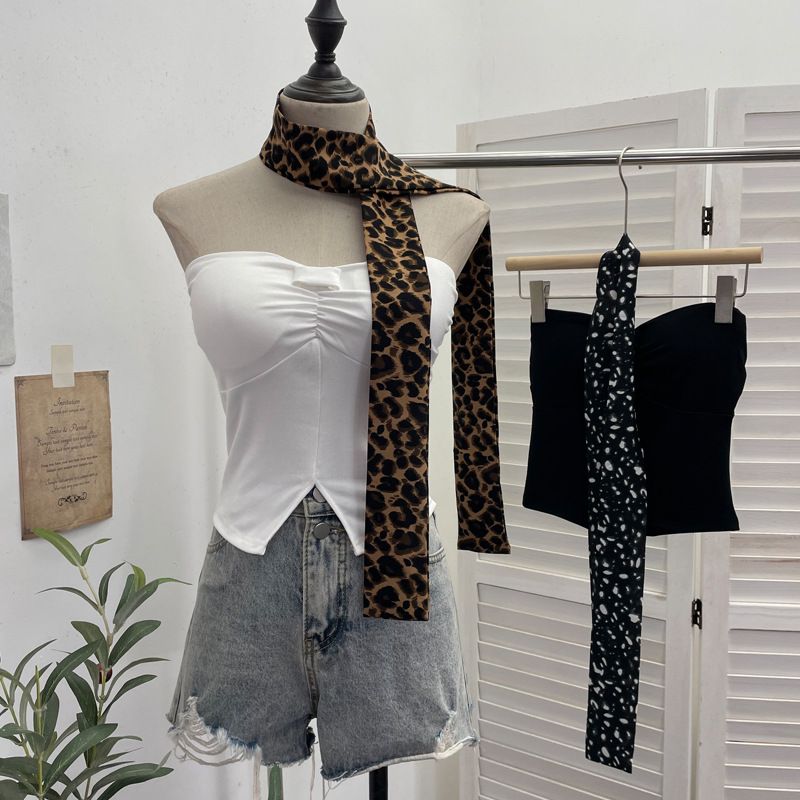 Schal mit Leopardenmuster und hängendem Halsdesign, plissierte trägerlose Weste mit Brustkissen, kurzes ärmelloses Oberteil für Damen 9206_voghion.com