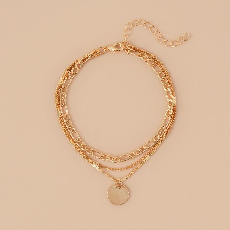 Eenvoudige retro legering schijf hanger ketting dames 3-laags armband sieraden_voghion.com