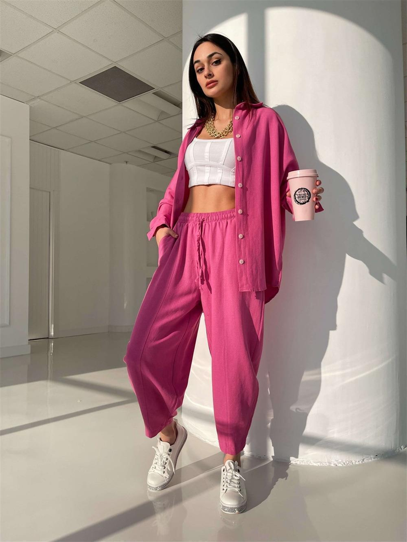 New European and American Casual Set Solid Color Polo Collar Long Sleeve Shirt Top Harlan Pants Two Piece Set_voghion.com