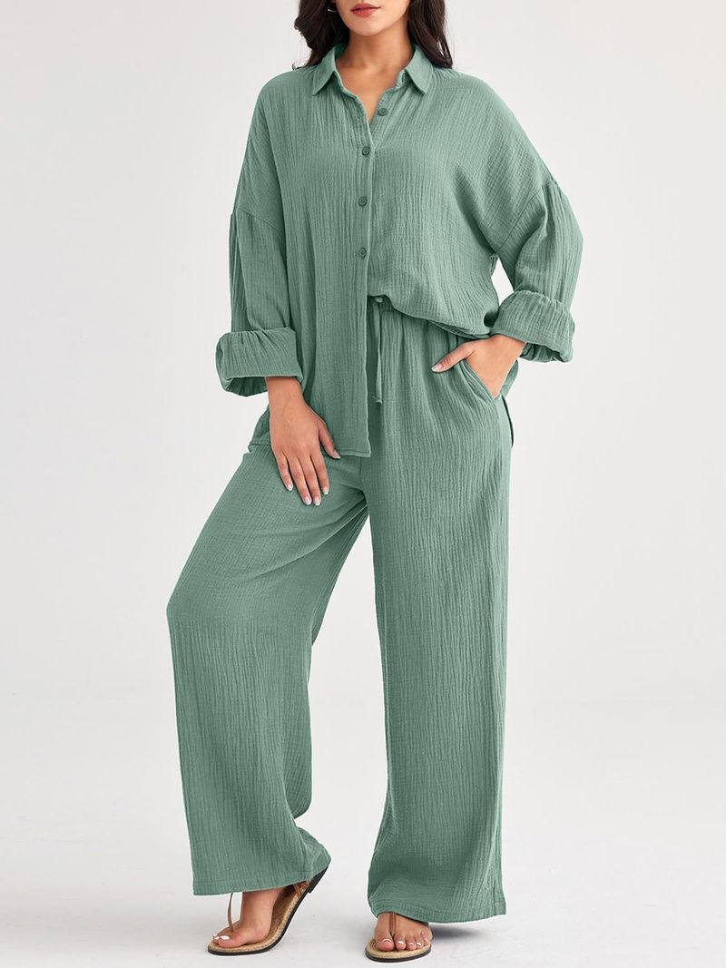 Women's Clothing Fashion Suits Loose Casual Tops Wide Leg Pants Cotton And Linen Two Piece Suits For Women_voghion.com