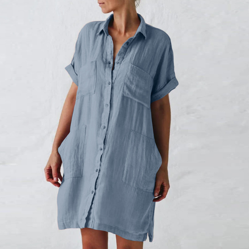 Nuovo abito camicia tascabile irregolare a maniche lunghe in canapa di cotone_voghion.com