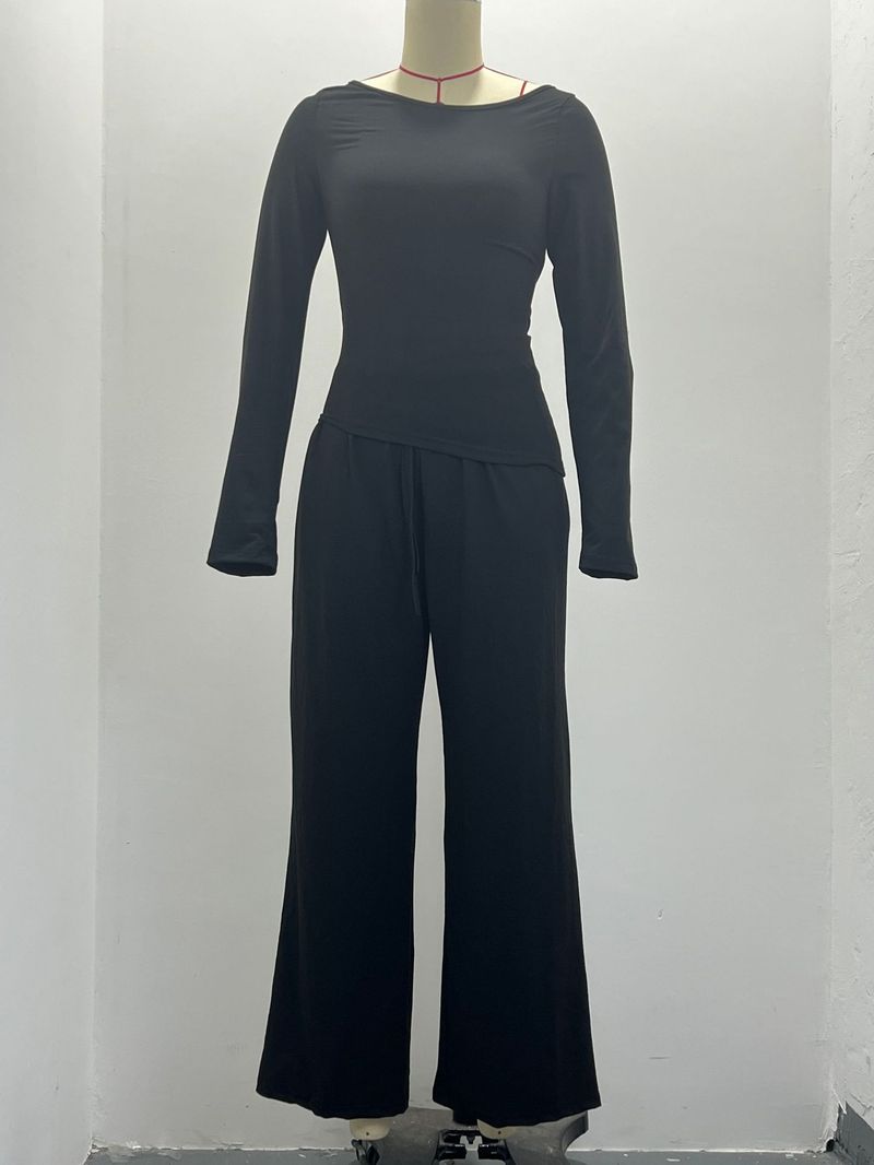 Trendy Asymmetrical Long Sleeve T-Shirt & Wide-Leg Pants Set - Fall Casual Outfit, Comfortable Polyester Blend, Multiple Colors & Sizes_voghion.com
