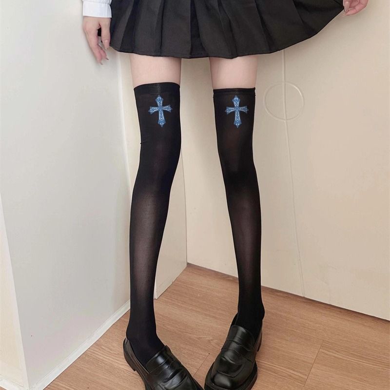Cross Cute Print Subculture Over-the-Knee Long Tube White Silk Velvet Sweet Girl Thigh Socks_voghion.com