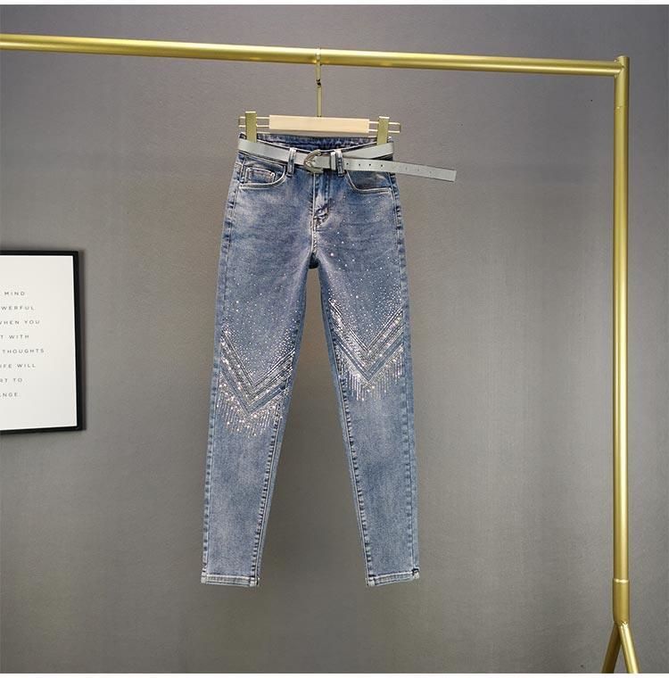 Ženske uske traperice s dijamantima teške industrije 2022., elastična, tanka ženska odjeća visokog struka, korejska moda_voghion.com