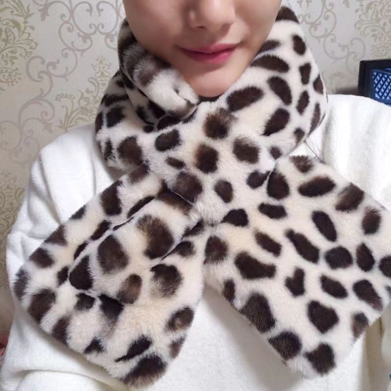 Winter Or Women, Plush Thickened Warm Neck Warmer, Rabbit Fur Cross Scar, Korean Style Fashion Leopard Print_voghion.com