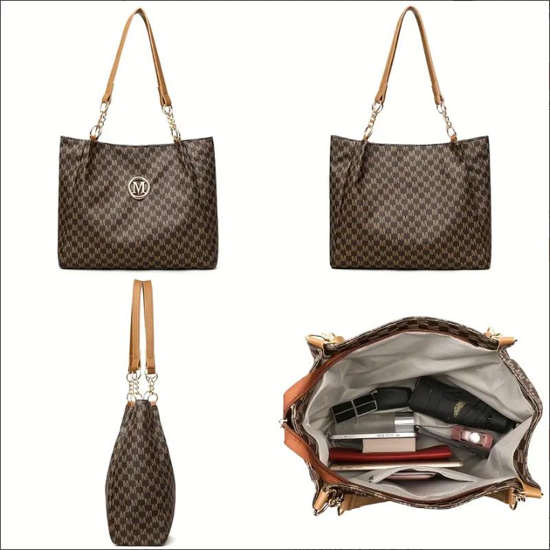 Stylish M-Print Tote & Clutch Bag Set With Chain Strap - Versatile PU Handbag Combo For Women (Black/Brown/White)_voghion.com
