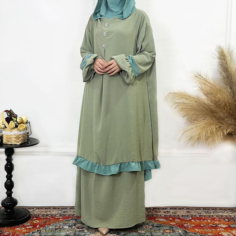 Women's Clothing Solid Color Ruffled Burkha Two Piece Set_voghion.com