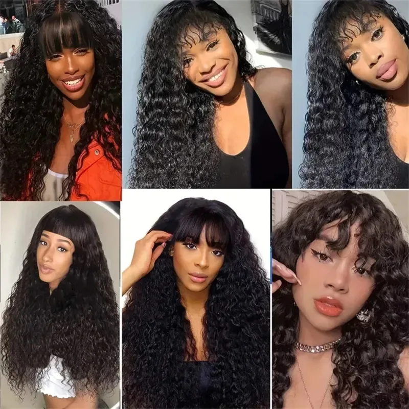 Water Wave Wig With Bangs Human Hair 100% Curly 180 Density Brazilian Machine Made Wigs_voghion.com