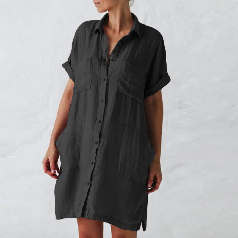 Nuovo abito camicia tascabile irregolare a maniche lunghe in canapa di cotone_voghion.com