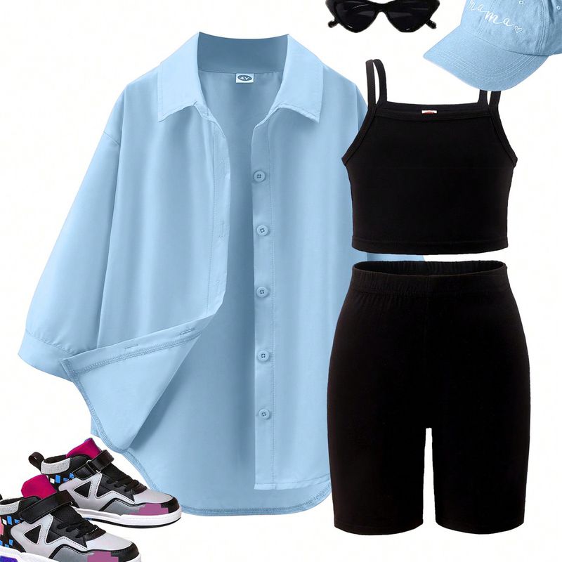 Παιδικά Ρούχα Άνοιξη και Φθινόπωρο Νέα Κοστούμια για Κορίτσια Μικρά και Μεσαία Παιδικά Μονόχρωμες Τιράντες + Σορτς + Μακρυμάνικο Μπουφάν Σετ Τριών Τεμαχίων_voghion.com