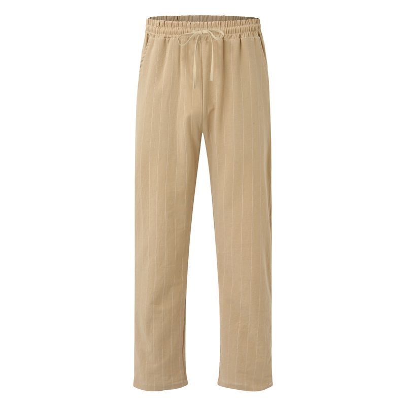 Nuovi pantaloni da uomo a righe verticali con coulisse elastica in vita in cotone e lino pantaloni casual da spiaggia_voghion.com