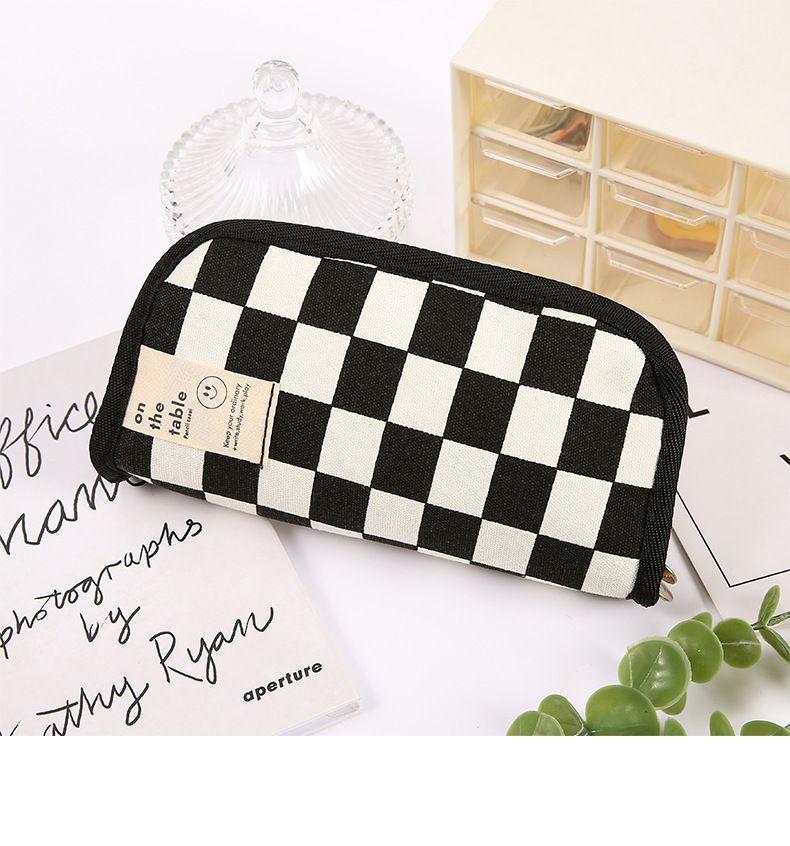 ins style black and white checkerboard pencil bag large capacity stationery bag canvas student simple high value pencil bag wholesale_voghion.com