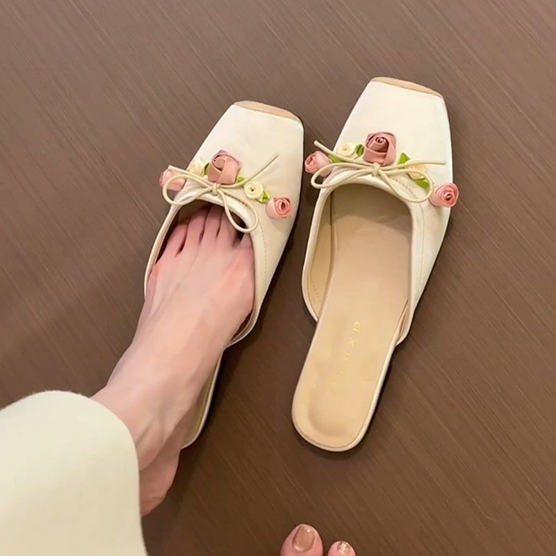 Yarım terlik 2024 yeni düz tabanlı terlikler peri tarzı tek ayakkabı açık hava sandaletleri pembe terlik kadın ayakkabıları_voghion.com