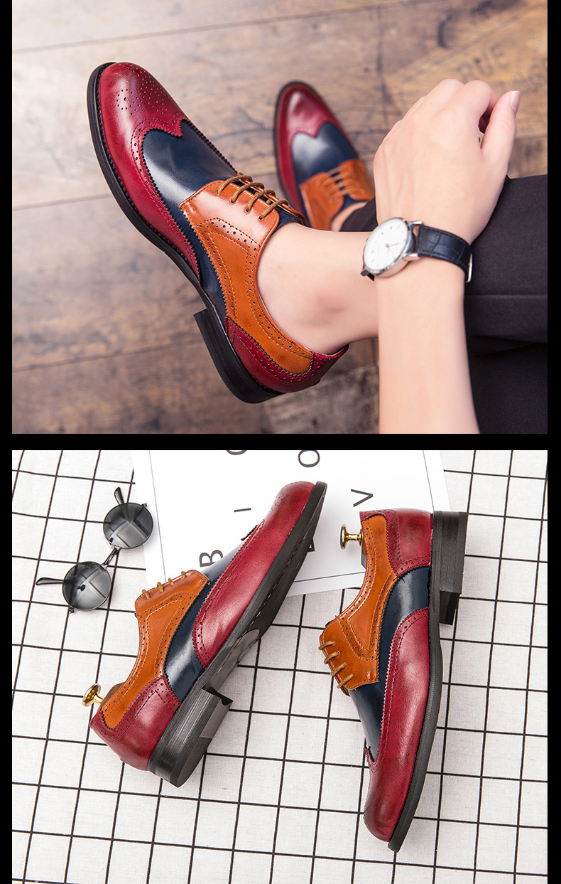 New Block Color Matching Large Size Leather Shoes Men's Fashion Trend Pattern Formal Leather Shoes_voghion.com