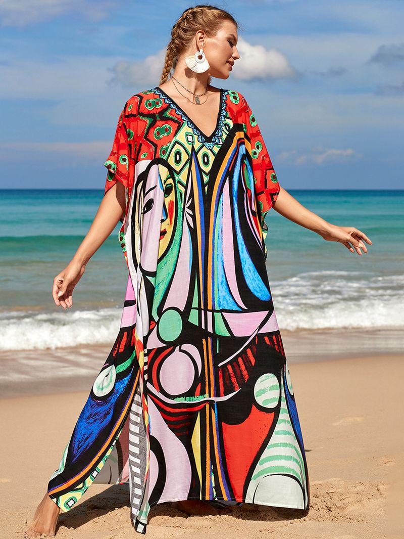 Strandkleid aus 100 % Baumwolle für Damen – Sonnenshirt mit Boho-Print, locker sitzende Bademode, Langarm-Tunika für den Urlaub am Pool_voghion.com