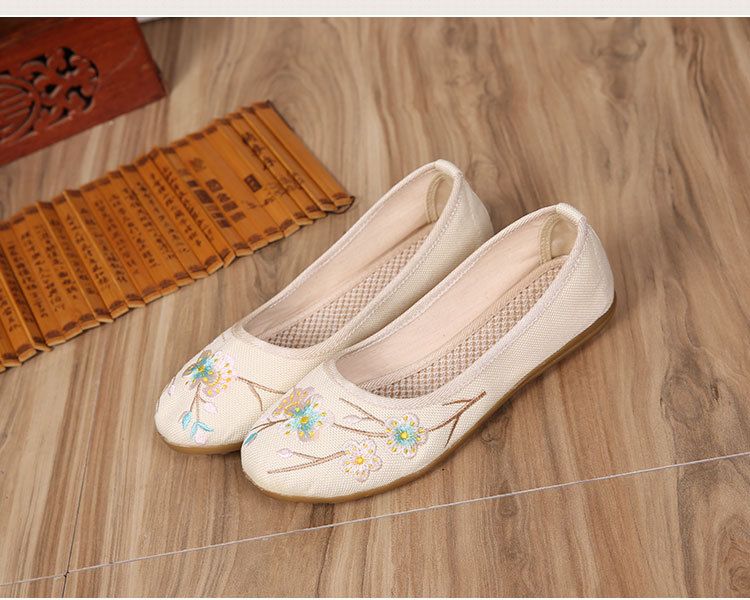 Damenschuhe Alte Peking-Stoffschuhe Kuhsehne Atmungsaktive Baumwolle und Leinen Flache bestickte Damenschuhe Rutschfeste Einzelschuhe Retro-Schuhe_voghion.com