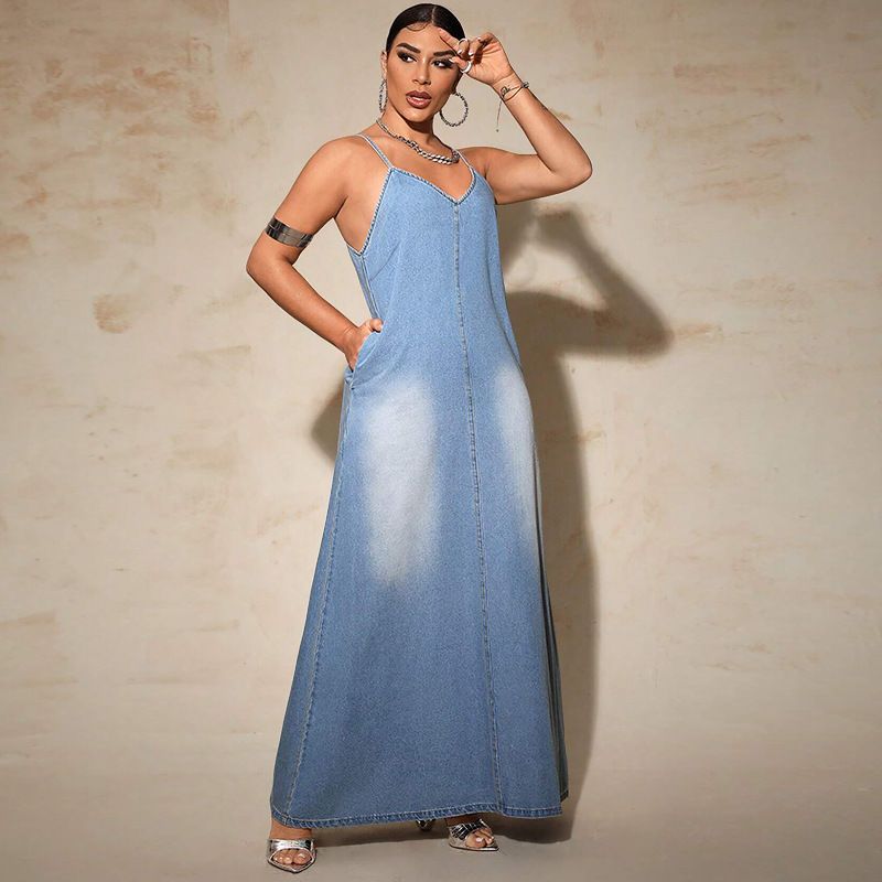 Women's Clothing New Denim Suspenders Long Dress_voghion.com