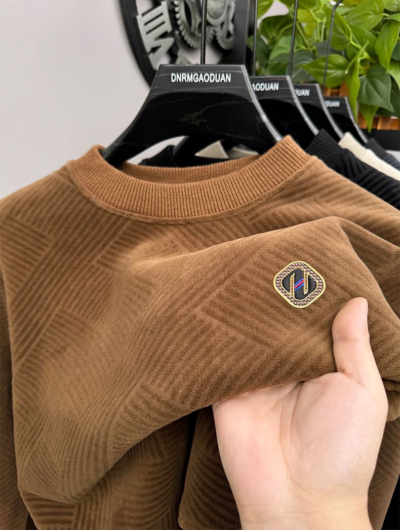 Men's Fleece-Lined Pullover Sweatshirt - Soft Thermal Long Sleeve Crewneck Top With Stylish Letter Print, Winter Casual Loungewear For Plus Size_voghion.com