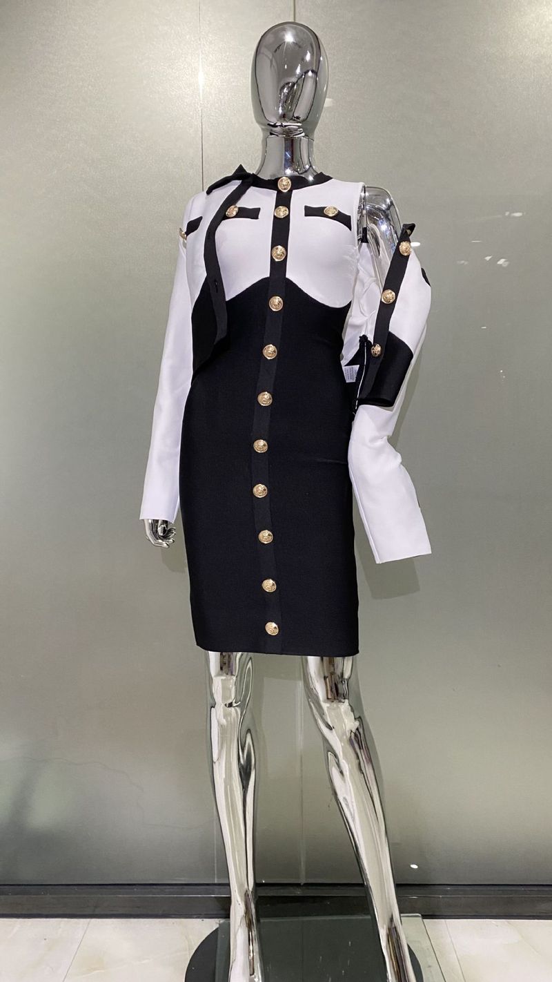 Damenbekleidung Mode schwarz-weiße farbecht passende Bandage Anzug Metallknopf Strickjacke Jacke + ärmelloses Kleid_voghion.com