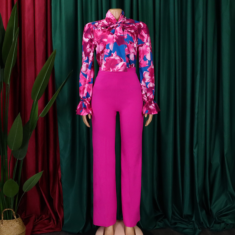 Dameskleding herfst en winter losse grote maten casual bedrukte shirts met lange mouwen wijde pijpen broeken cross border tweedelige set_voghion.com