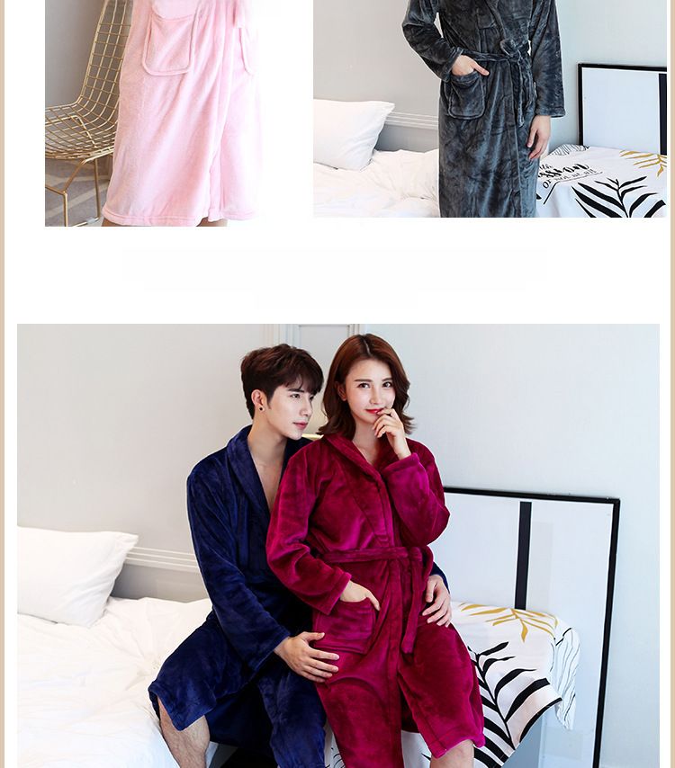Couples Flannel Robe, 100% Polyester Plush Bathrobe For Men & Women, Winter Warm Loungewear In 14 Colors (White/Black/Navy/Pink Etc.)_voghion.com