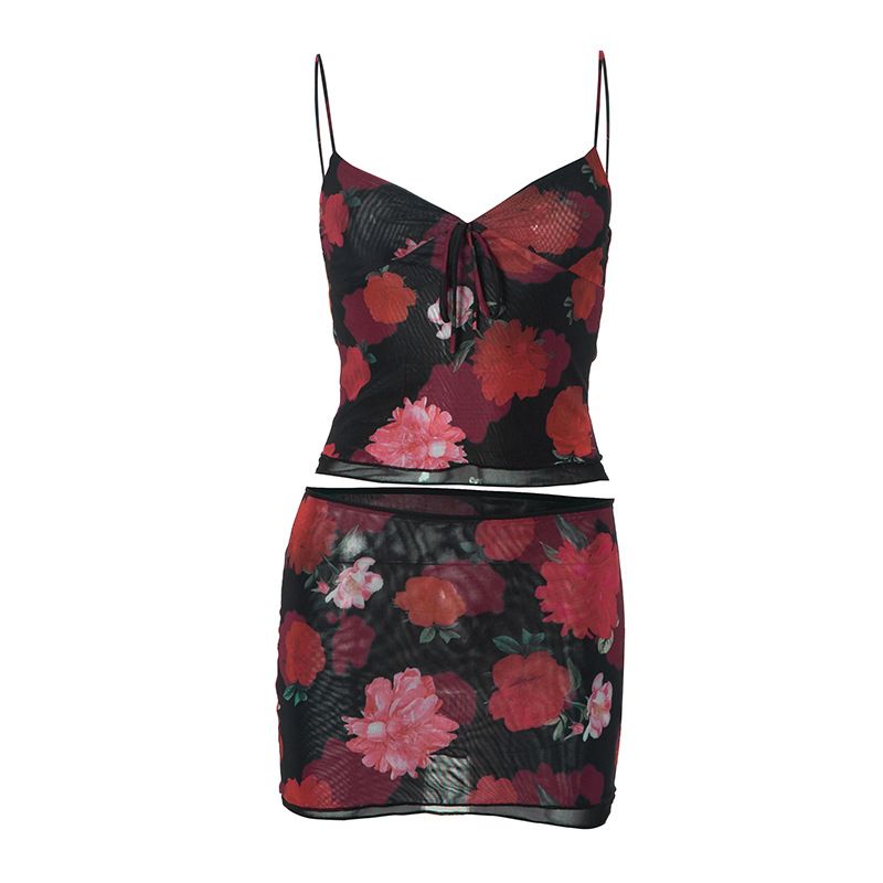 D24ST1252024 New Sexy Suspender Printed Double-layer Lace Top Slim Fit Hip Hugging Short Skirt Set_voghion.com