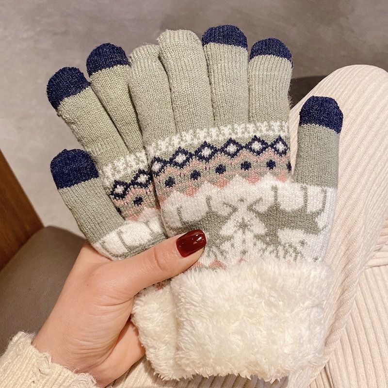 Gestrickter Jacquard für Damen, süßes Hirschmotiv, fingerlose Winterhandschuhe mit Fleecefutter, warm, verdickt, Fünf-Finger-Touchscreen-Handschuhe_voghion.com