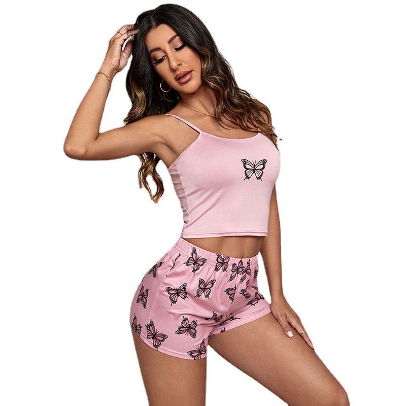 Pijamas femininos com estampa de borboleta, shorts de verão, conjunto de duas peças, seda leitosa, pijama feminino para uso em casa_voghion.com