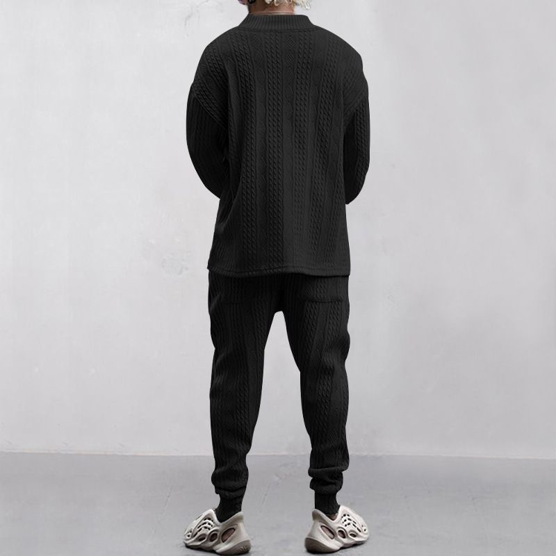 Conjunto de pantalón largo informal para hombre con cuello en V y suéter de punto jacquard. Traje ligero de mezcla de algodón para otoño, ideal para negocios y uso diario._voghion.com