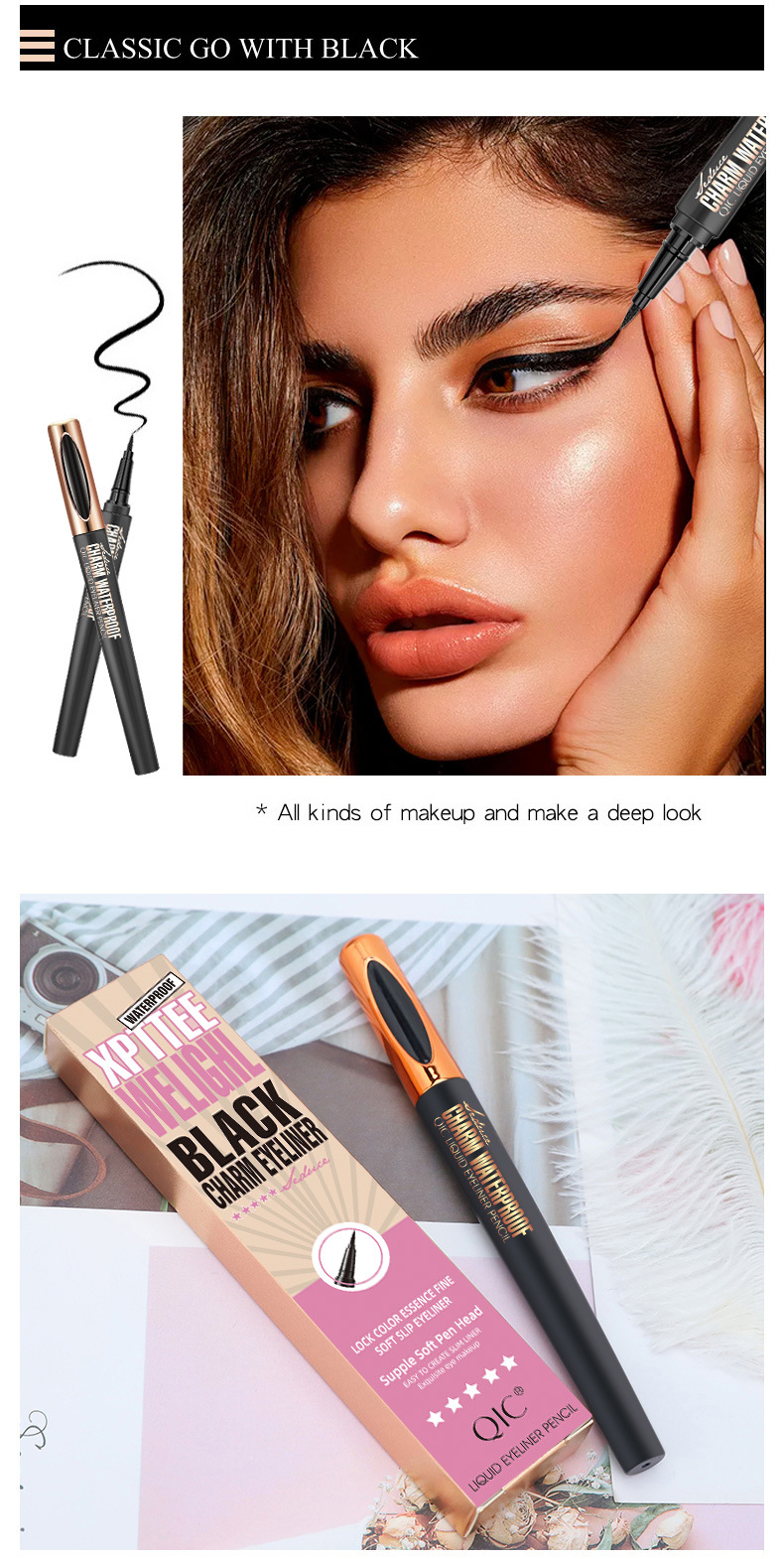 QIC Qini penna resistente alla pellicola a colori impermeabile, tenuta, sbavature, non peeling, testa in spugna, penna liquida per eyeliner, trucco_voghion.com