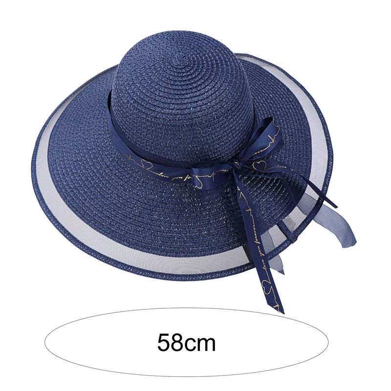 Zhuoxinder Women Straw Bow-knot Decor Mesh Patchwork Bandage Large Brim Anti-UV Sun Protection Lady Summer Hat_voghion.com