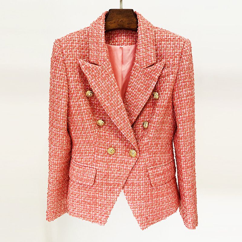Blazer doppiopetto in tweed con bottoni a testa di leone - Giacca slim fit in stile britannico per donna, in rosso rosa_voghion.com