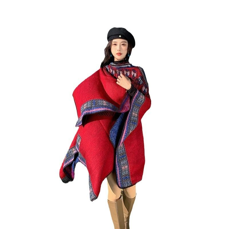 Xizang Great Northwest Travel Totem, red warm, with shawl, female scarf, autumn and winter cloak, big cloak_voghion.com