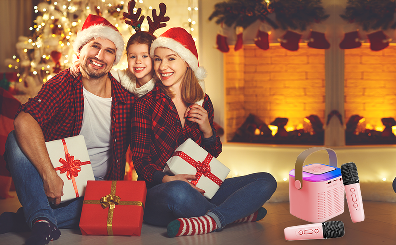 Draagbare karaokemachine met 2 draadloze microfoons, mini-karaokemachine met led-lampjes, Bluetooth-luidspreker voor kinderfeestjes en volwassenen_voghion.com
