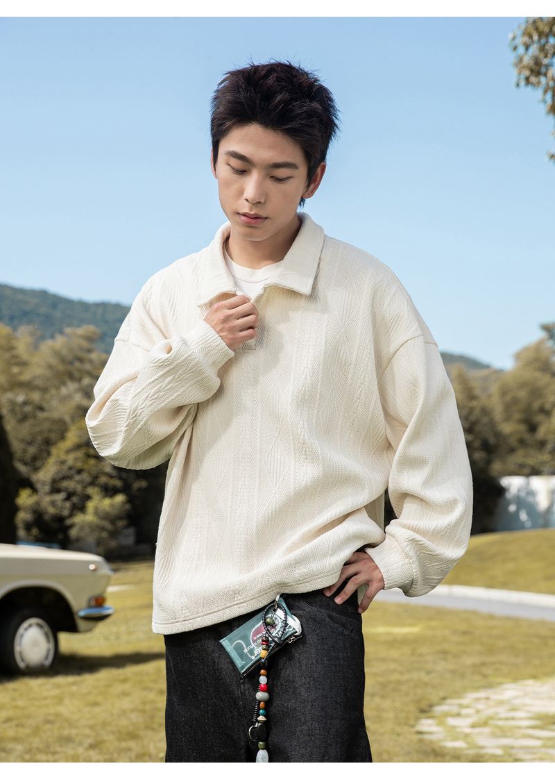 Felpa con colletto polo pesante di ispirazione vintage per uomo - Pullover a maniche lunghe in jacquard testurizzato con stile retrò (nero, bianco sporco)_voghion.com