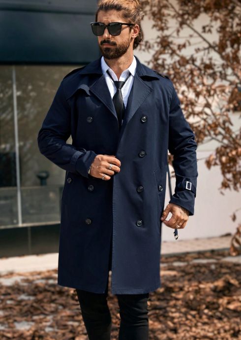 Herren Zweireihiger Trenchcoat Lang Slim Fit Lässiger Mantel Polyester Klassisch Blauer Mantel Für Herbst Frühling_voghion.com